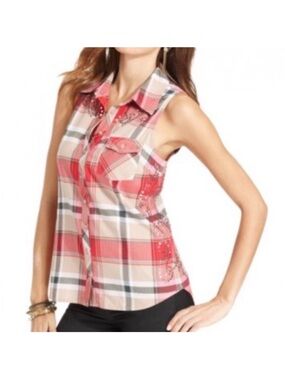 Guess Vintage Country Cowgirl Western Rodeo Plaid Beaded Sleeveless Button Shirt